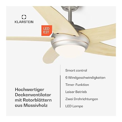  Klarstein Chic 132 cm Ceiling Fan with Light and Efficient DC Motor - Smart Summer/Winter Conversion for Optimal Air Conditioning - Small Fan, Great Effect!