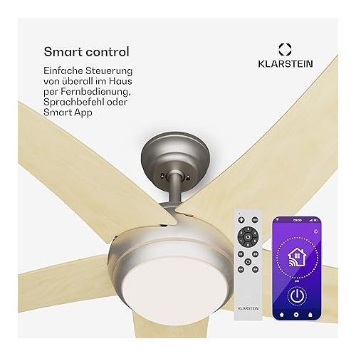  Klarstein Chic 132 cm Ceiling Fan with Light and Efficient DC Motor - Smart Summer/Winter Conversion for Optimal Air Conditioning - Small Fan, Great Effect!