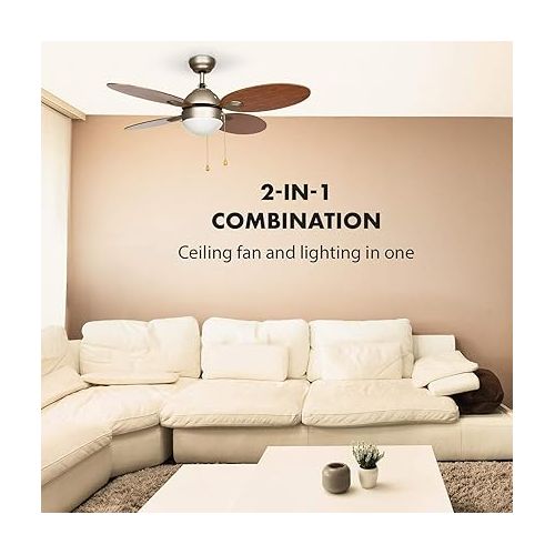  Klarstein Valderama Ceiling Fan with Lighting (4 Blades Smooth Running 106 cm Diameter Ceiling Light 2 x 43 Watts 3 Speeds Brushed Nickel Body, Traditional