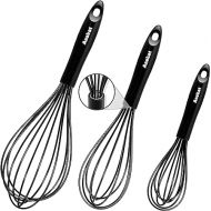 Anaeat Silicone Whisks Set of 3, Thick Stainless Steel Wire Inside - Heat Resistant Kitchen Whisks for Non-Stick Cookware, Balloon Whisk for Beating, Mixing, Beating (Black)