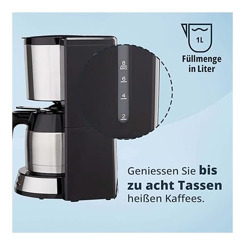  KHG TKA-183SE Plastic/Stainless Steel Coffee Machine in Black/Silver with Stainless Steel Thermal Jug 1 Litre Capacity for 8 Cups Permanent Filter Automatic Shut-Off LCD Display