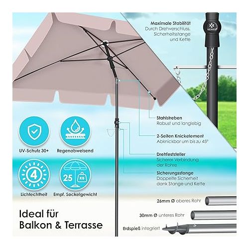  KESSER® Rectangular Parasol for Balcony, Garden & Patio, Garden Umbrella, Patio Umbrella, 200 x 125 cm, Taupe, taupe