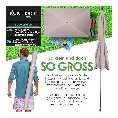  KESSER® Rectangular Parasol for Balcony, Garden & Patio, Garden Umbrella, Patio Umbrella, 200 x 125 cm, Taupe, taupe