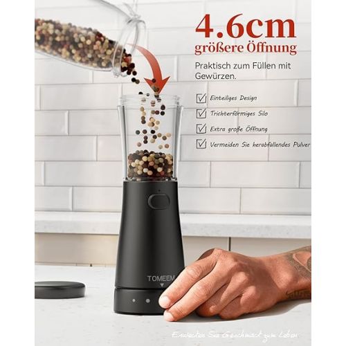  Salt and Pepper Mills Electric Set of 2 Stainless Steel (Rechargeable, LED Lighting, with Adjustable Ceramic Grinder, Cleaning Brush Brush) Spice Mill Electrically Adjustable, Black