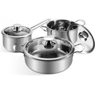 Wodillo Stainless Steel Cooking Pot Set, 6-Piece Saucepan Set with Glass Lids and Stay Cool Handle, Pot for All Hobs and Oven-Safe, Cookware Set Uncoated (Silver)