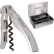 Pulltex Sommelier Set 2-Piece Waiter's Knife Pulltaps ClickCut Chrome with Laser Engraving and Black Faux Leather Case in Elegant Gift Box