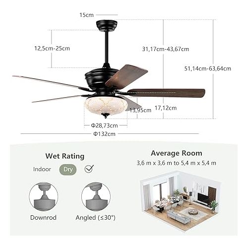  RELAX4LIFE Ceiling Fan with Lighting & Remote Control, Quiet Fan with 5 Fan Blades, 3 Air Flow Levels & 4 Timer Settings, for Living Room, Dining & Bedroom, 132 cm (Black)
