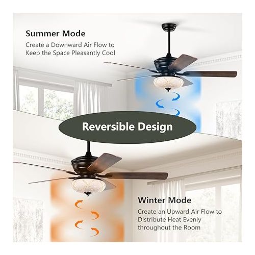  RELAX4LIFE Ceiling Fan with Lighting & Remote Control, Quiet Fan with 5 Fan Blades, 3 Air Flow Levels & 4 Timer Settings, for Living Room, Dining & Bedroom, 132 cm (Black)