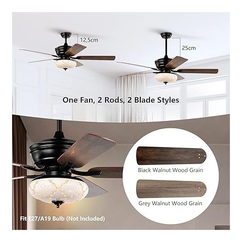  RELAX4LIFE Ceiling Fan with Lighting & Remote Control, Quiet Fan with 5 Fan Blades, 3 Air Flow Levels & 4 Timer Settings, for Living Room, Dining & Bedroom, 132 cm (Black)