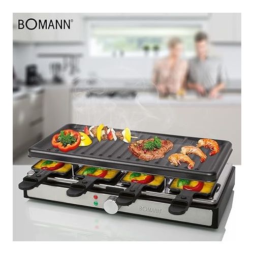  Bomann RG 6039 CB Raclette Grill, Raclette for up to 8 People, for Grilling and Baking, with Large Non-Stick Grill Plate (42 x 21 cm) and 8 Pans + Wooden Spatula, 1400 Watt