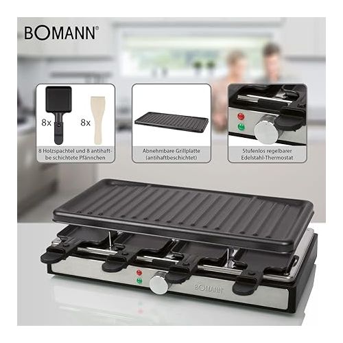  Bomann RG 6039 CB Raclette Grill, Raclette for up to 8 People, for Grilling and Baking, with Large Non-Stick Grill Plate (42 x 21 cm) and 8 Pans + Wooden Spatula, 1400 Watt