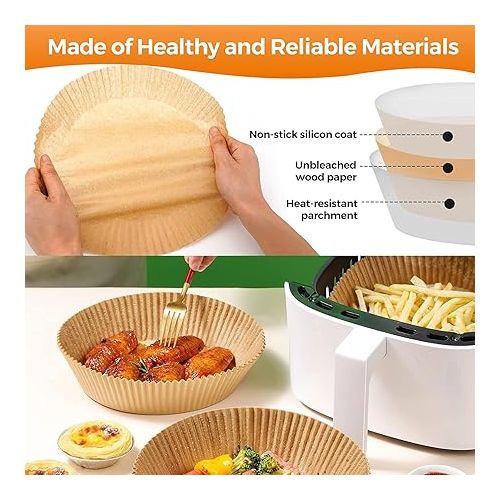  Baking Paper Airfryer Round, Pack of 100 Airfryer Baking Paper Non-Stick Waterproof Oil-Proof Disposable Trays Air Fryer Parchment Paper Liner for Hot Air Fryer Frying Pan Oven Microwave (7.9 inches)