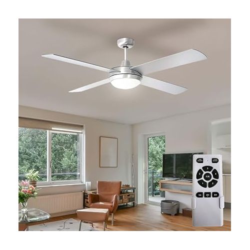  etc-shop LED Ceiling Fan with Remote Control Timer 5 Levels Flight and Return 132 cm Silver