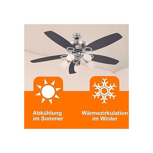  Globolightings Ceiling Fan with Lighting and Pull Switch Quiet - Fan Ceiling with Light - 5 Blades Can be Mounted on Both Sides - Ceiling Light with Fan Bedroom 3 Levels - Diameter 130 cm