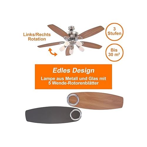  Globolightings Ceiling Fan with Lighting and Pull Switch Quiet - Fan Ceiling with Light - 5 Blades Can be Mounted on Both Sides - Ceiling Light with Fan Bedroom 3 Levels - Diameter 130 cm