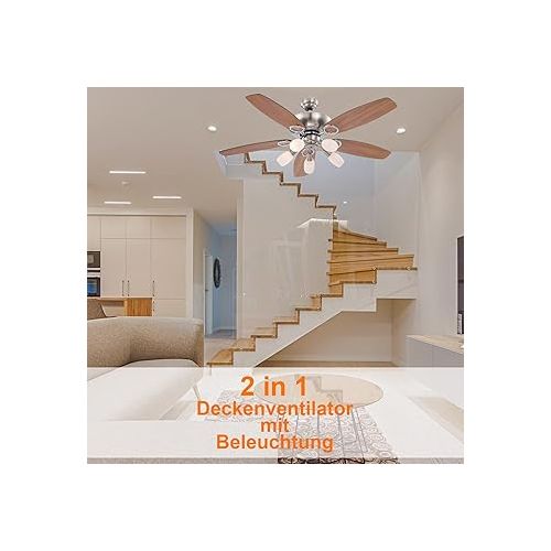  Globolightings Ceiling Fan with Lighting and Pull Switch Quiet - Fan Ceiling with Light - 5 Blades Can be Mounted on Both Sides - Ceiling Light with Fan Bedroom 3 Levels - Diameter 130 cm