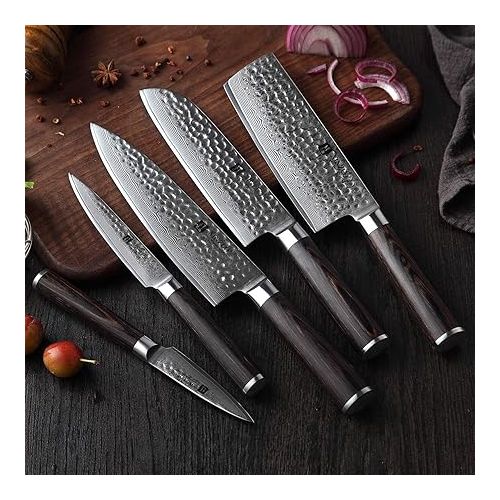  XINZUO He Series Damascus Knife Set, Japanese Kitchen Knife Made of High Carbon Damascus Steel, Professional Sharp Damascus Steel Chef's Knife Set with Pakkawood Handle