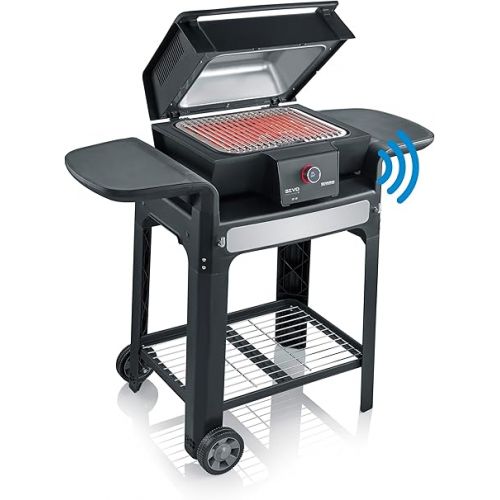  SEVERIN Sevo Smart Control GTS Electric Grill with Lid and Stand, Smart Standing Grill with App Control and OLED Display, Balcony Grill with Slow Cooking Option, Stainless Steel / Black, PG 8139