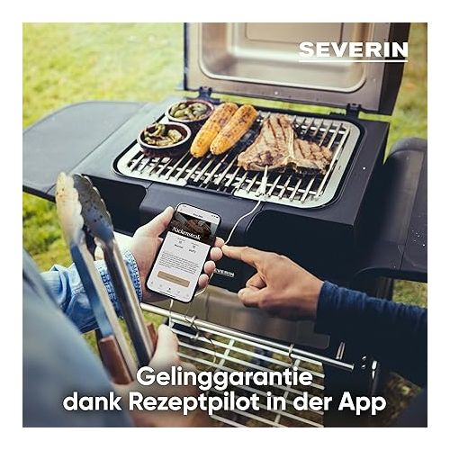  SEVERIN Sevo Smart Control GTS Electric Grill with Lid and Stand, Smart Standing Grill with App Control and OLED Display, Balcony Grill with Slow Cooking Option, Stainless Steel / Black, PG 8139