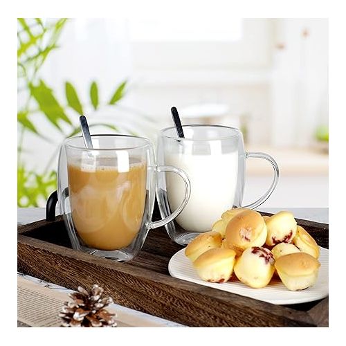  Libwys Double-Walled Coffee Glasses, 6x 350 ml with Spoon, Cappuccino, Latte Macchiato Drinking Glasses, Thermal Tea Cups with Handle, Heat-Resistant Coffee Cups