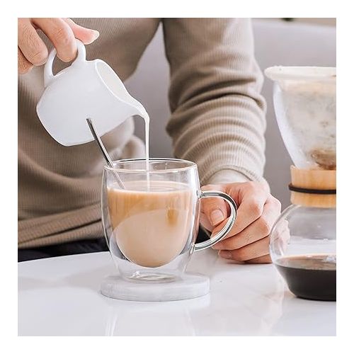  Libwys Double-Walled Coffee Glasses, 6x 350 ml with Spoon, Cappuccino, Latte Macchiato Drinking Glasses, Thermal Tea Cups with Handle, Heat-Resistant Coffee Cups