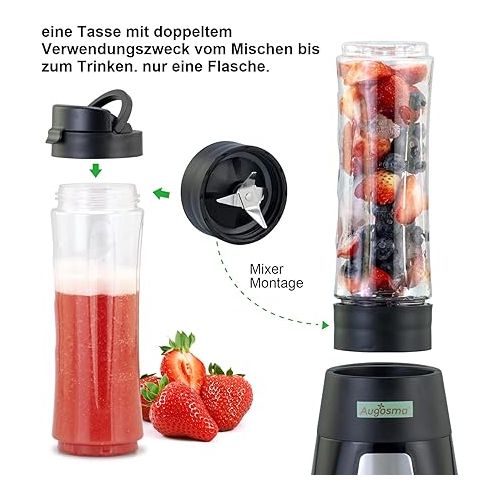  Augosma Smoothie Maker to Go, Mini Stand Mixer, 600 ml Shake Mixer, 350 Watt, BPA-Free, Black