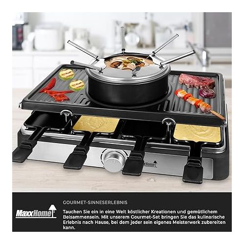  MaxxHome - Raclette Fondue Electric Table Grill, 1400 W, for 8 People, 8 Pans, Removable Grill with Fondue Device and Stone Top, 8 Wooden Stands, Black