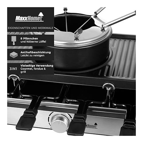  MaxxHome - Raclette Fondue Electric Table Grill, 1400 W, for 8 People, 8 Pans, Removable Grill with Fondue Device and Stone Top, 8 Wooden Stands, Black