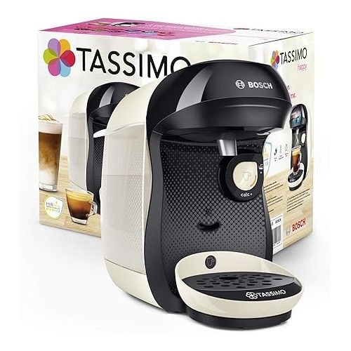  Tassimo Happy Capsule Machine TAS1007 Coffee Machine by Bosch, Over 70 Drinks, Fully Automatic, Suitable for All Cups, Space-Saving, 1400 Watt, Cream/Anthracite