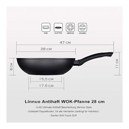  Linnuo Wok Pan 28 cm, Non-Stick Coated Pan, Marble Granite Look, Wok Pan Suitable for All Cookers (Suitable for Induction Cookers)