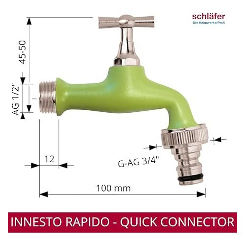  Schlafer 435320 - Outlet Valve 1/2 Inch Brass, Ball Outlet Valve - 20.95 mm 1/2 Inch - Ideal as Outdoor Tap - Adjustable Garden Fitting, Colour Green with Automatic Connection for Hose