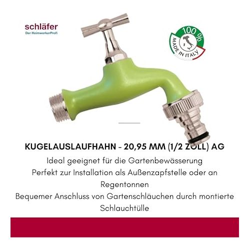  Schlafer 435320 - Outlet Valve 1/2 Inch Brass, Ball Outlet Valve - 20.95 mm 1/2 Inch - Ideal as Outdoor Tap - Adjustable Garden Fitting, Colour Green with Automatic Connection for Hose