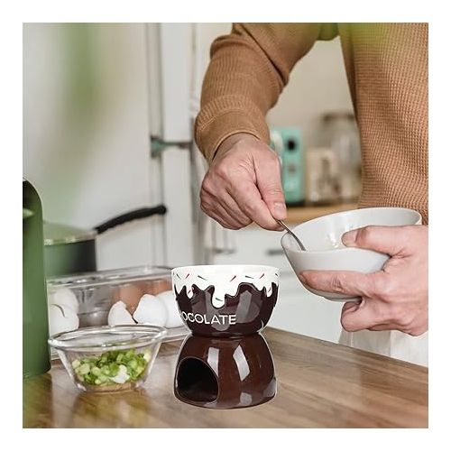  TOPBATHY Ceramic Chocolate Fondue Pot Set Ceramic Fondue Pot with Burner Butter Warmer Pan for Meat Chocolate Cheese Milk Hot Oil Broth