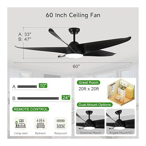  MSHENUED 5ft Ceiling Fan with Light, Patio Outdoor Ceiling Fan, Waterproof Black Ceiling Fan with Remote Control, High Air Volume Ceiling Fan