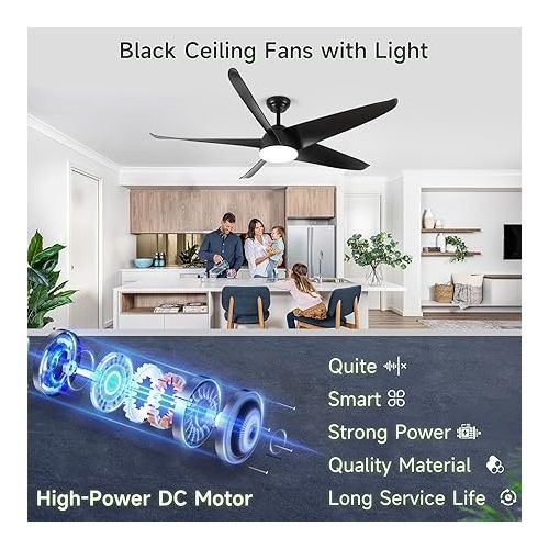  MSHENUED 5ft Ceiling Fan with Light, Patio Outdoor Ceiling Fan, Waterproof Black Ceiling Fan with Remote Control, High Air Volume Ceiling Fan