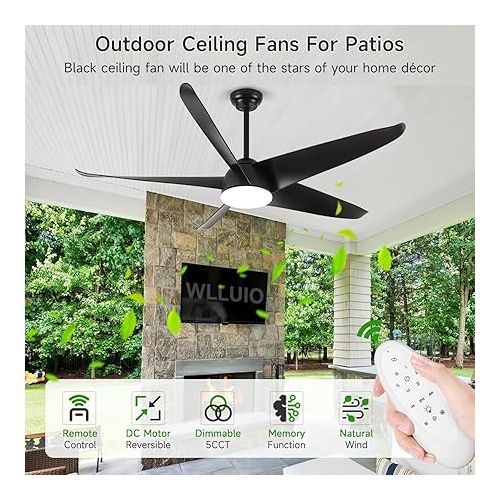  MSHENUED 5ft Ceiling Fan with Light, Patio Outdoor Ceiling Fan, Waterproof Black Ceiling Fan with Remote Control, High Air Volume Ceiling Fan