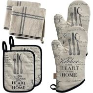 GREVY 1 Pair Long Cotton Oven Gloves 32 cm with 2 Pot Holders and 2 Cotton Washcloths