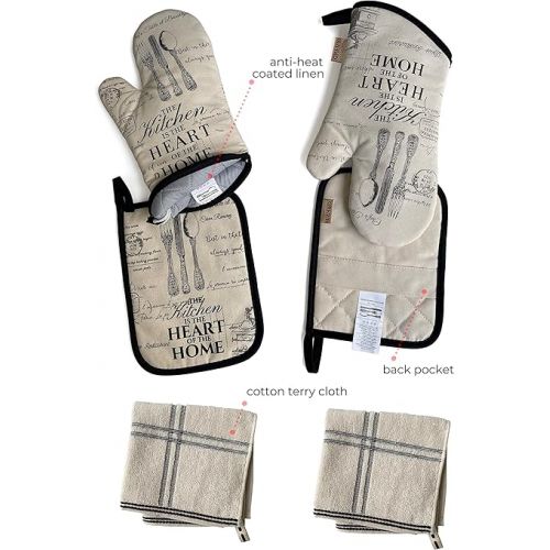  GREVY 1 Pair Long Cotton Oven Gloves 32 cm with 2 Pot Holders and 2 Cotton Washcloths