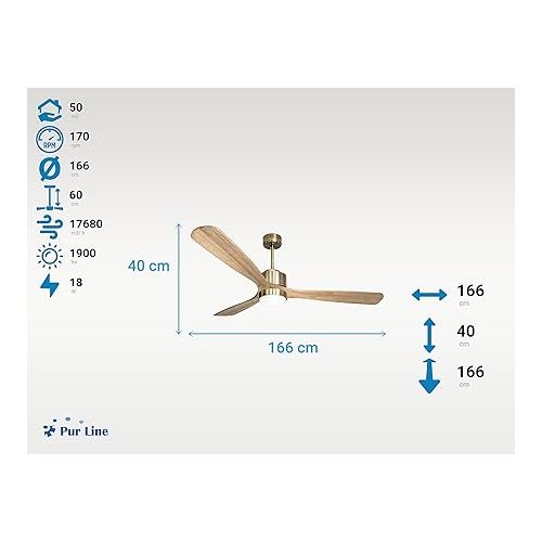  PUR LINE MljetD166 Purline Ceiling Fan Diameter 166 cm with LED and WiFi Reversible Hypersilence Colour Gold