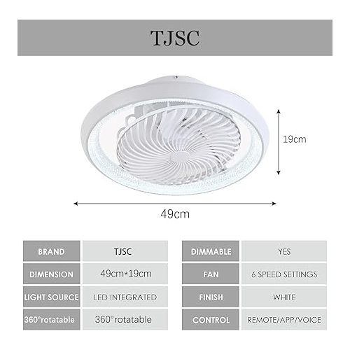  TJSC Ceiling Fan with Lighting LED Light, Dimmable Invisible Fan Light, 360° Rotatable, Timer Quiet Fan Lamp, 48 W with Remote Control APP, for Living Room, Bedroom, White, 49 cm