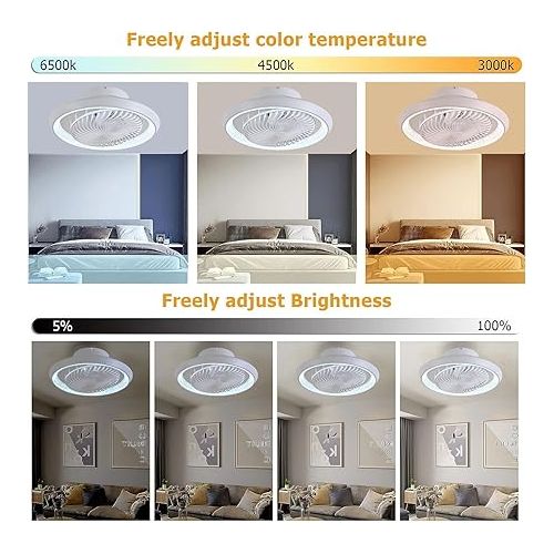  TJSC Ceiling Fan with Lighting LED Light, Dimmable Invisible Fan Light, 360° Rotatable, Timer Quiet Fan Lamp, 48 W with Remote Control APP, for Living Room, Bedroom, White, 49 cm