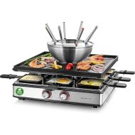 EMERIO RG-128187 3-in-1 Raclette Station for up to 8 People, Grill Fondue, Electric, Temperature Regulation, Cooking Surface 38 x 37 cm, Lighting, 2200 Watt, Space-Saving, Stainless Steel, BPA-Free,