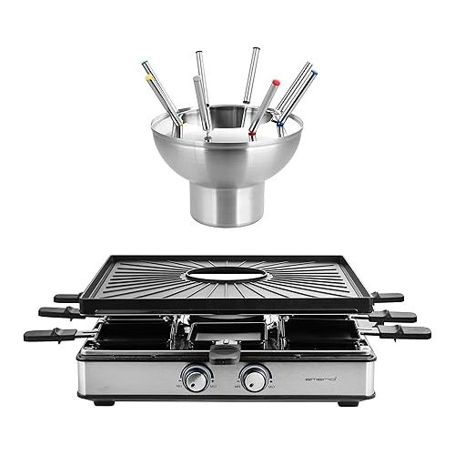  EMERIO RG-128187 3-in-1 Raclette Station for up to 8 People, Grill Fondue, Electric, Temperature Regulation, Cooking Surface 38 x 37 cm, Lighting, 2200 Watt, Space-Saving, Stainless Steel, BPA-Free,