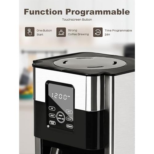  Homtone 1000 W Programmable Coffee Machine with Timer, 1.8 L Stainless Steel Filter Coffee Machine, 12 Cups, Automatic Shut-Off, Drip Stop, Permanent Filter and Heating Plate, BPA-Free, Black