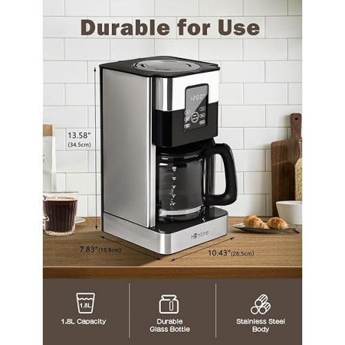  Homtone 1000 W Programmable Coffee Machine with Timer, 1.8 L Stainless Steel Filter Coffee Machine, 12 Cups, Automatic Shut-Off, Drip Stop, Permanent Filter and Heating Plate, BPA-Free, Black