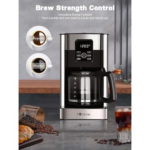  Homtone 1000 W Programmable Coffee Machine with Timer, 1.8 L Stainless Steel Filter Coffee Machine, 12 Cups, Automatic Shut-Off, Drip Stop, Permanent Filter and Heating Plate, BPA-Free, Black