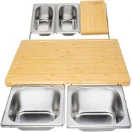 Bamboo Chopping Board Extra Large Extendable with Stainless Steel Collection Tray and Bamboo Tray