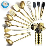 Berglander gold cooking utensils set, stainless steel 13 piece kitchen utensils set with titanium plating, kitchen utensils set with utensil holder, dishwasher safe, easy to clean