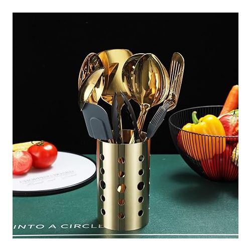  Berglander gold cooking utensils set, stainless steel 13 piece kitchen utensils set with titanium plating, kitchen utensils set with utensil holder, dishwasher safe, easy to clean