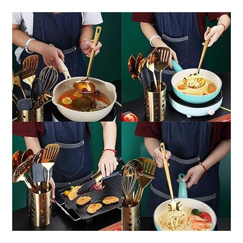  Berglander gold cooking utensils set, stainless steel 13 piece kitchen utensils set with titanium plating, kitchen utensils set with utensil holder, dishwasher safe, easy to clean